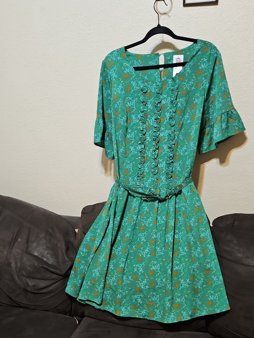 Green Floral Tweetie Bird Ruffle Midi Dress with Self-Tie Belt